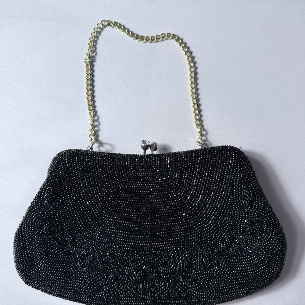 Elegant Vintage 60's RICHERE Black Beaded Evening Clutch With Chain Handle